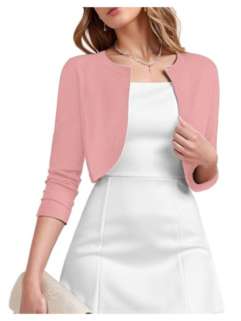 Women's Cropped Cardigan 3/4 Sleeve Open Front Lightweight Shrug Knit Sweater